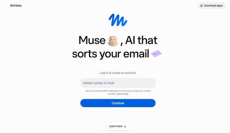 Muse: Meta’s personal AI agent Meta Muse public homepage with its blue logo and the headline AI that sorts your email.