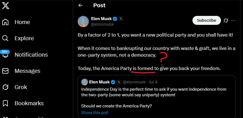 Elon Musk Posts "Today, the America Party is formed" Elon Musk Posts "Today, the America Party is formed"